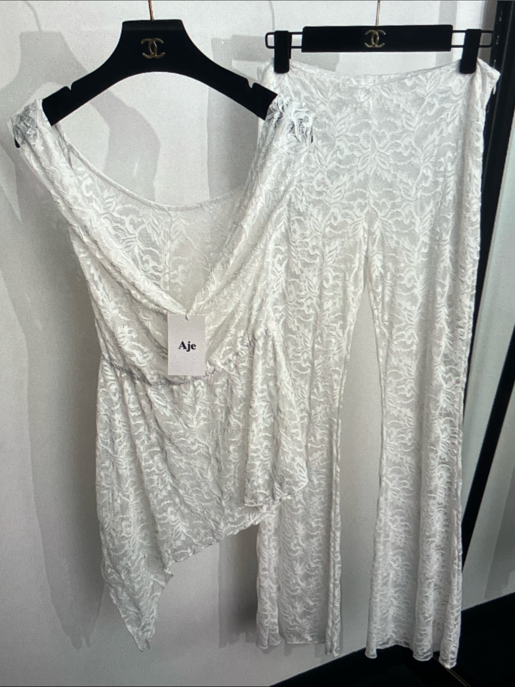 Aje White Lace Asymmetric Camisole Top Set